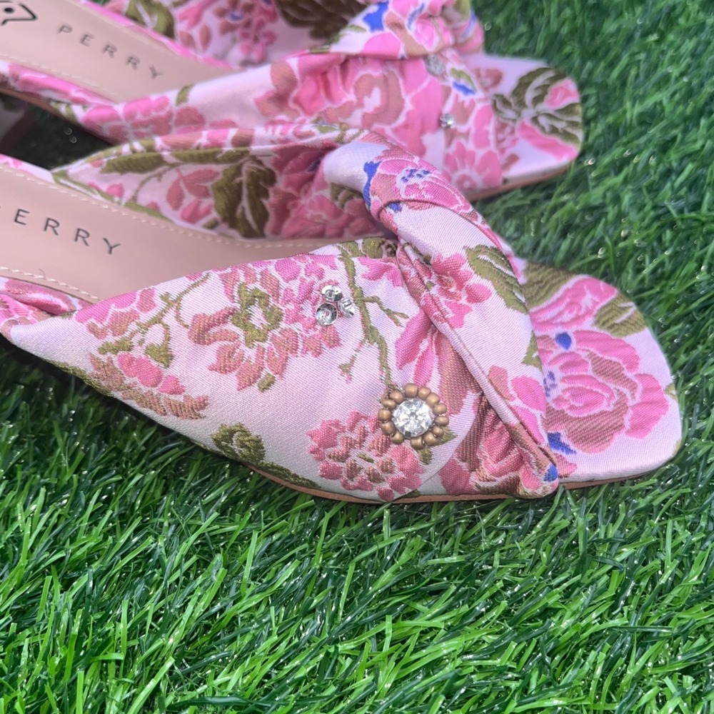 Katy Perry Pink Floral Square Toe Heeled Mules Women's Size 7M Brunch Wedding - Picture 2 of 13